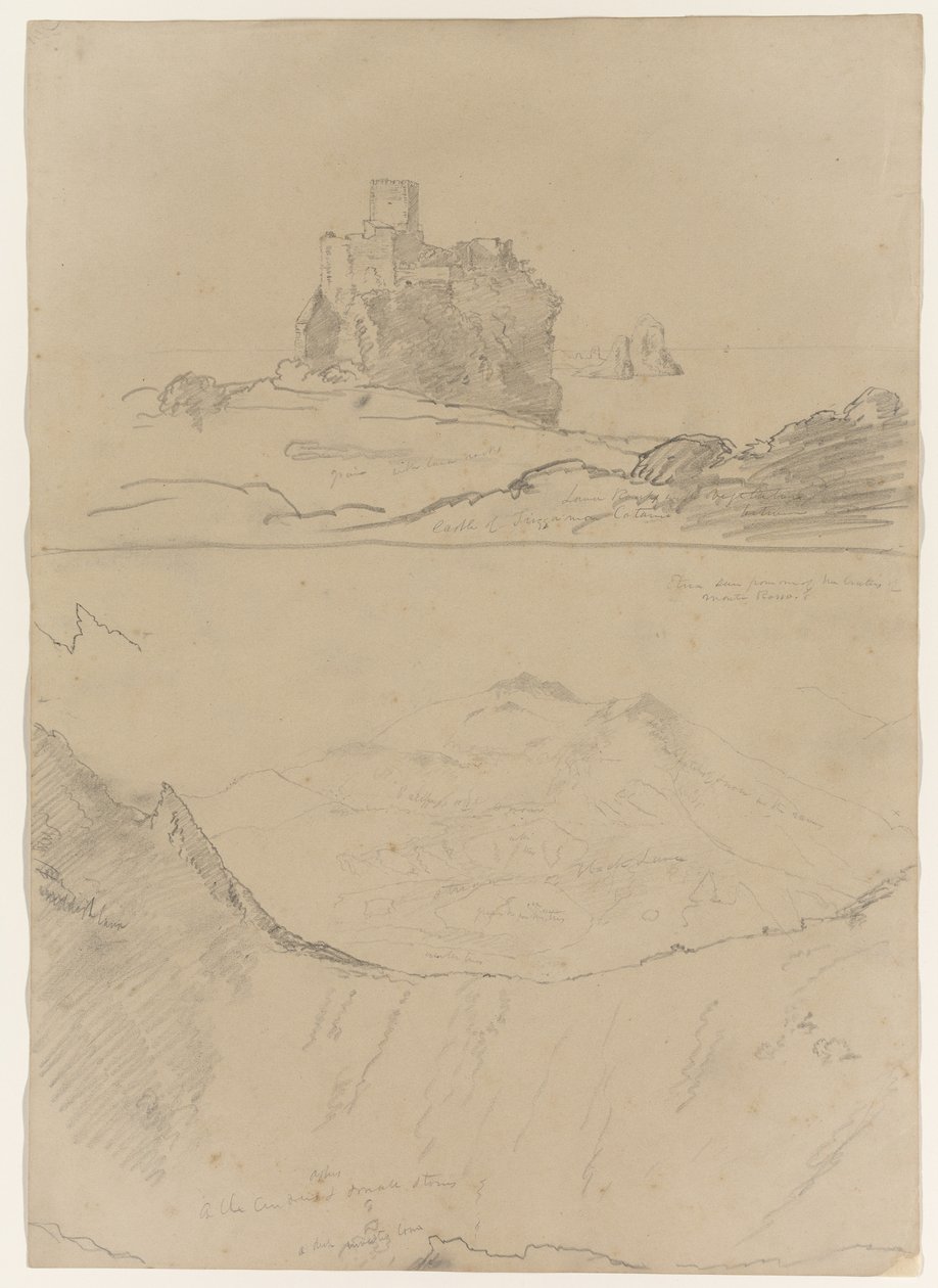 Schloss von Trezza bei Catania und Ätna, gesehen von Monte Rosso und einem der Krater von Monte Rosso, Sizilien, 1842 von Thomas Cole