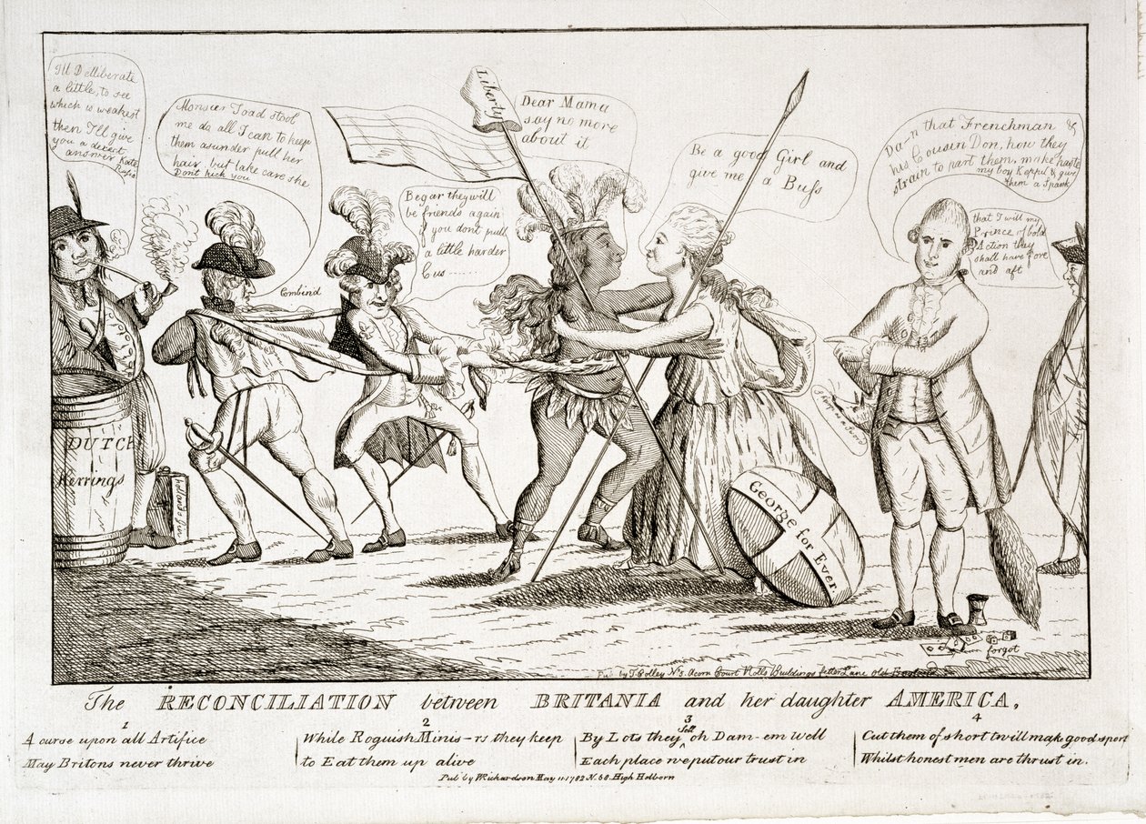 Die Versöhnung zwischen Britannia und ihrer Tochter Amerika, veröffentlicht von W. Richardson, 11. Mai 1782 von Thomas Colley