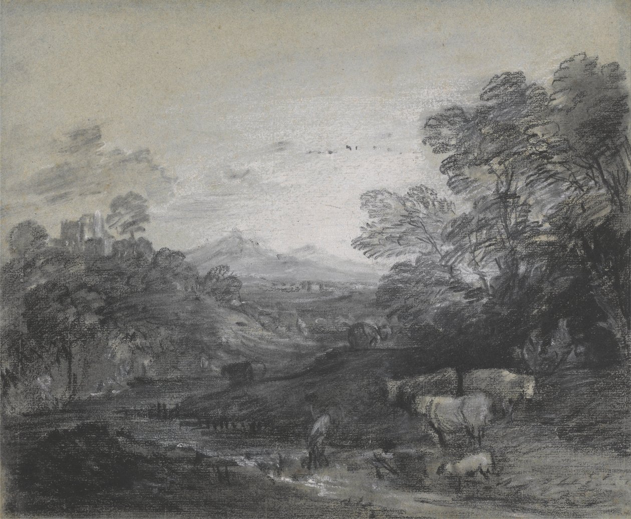 Bewaldete Landschaft mit Hirten und Vieh, Gebäuden auf einem Hügel und rustikalen Liebenden von Thomas Gainsborough