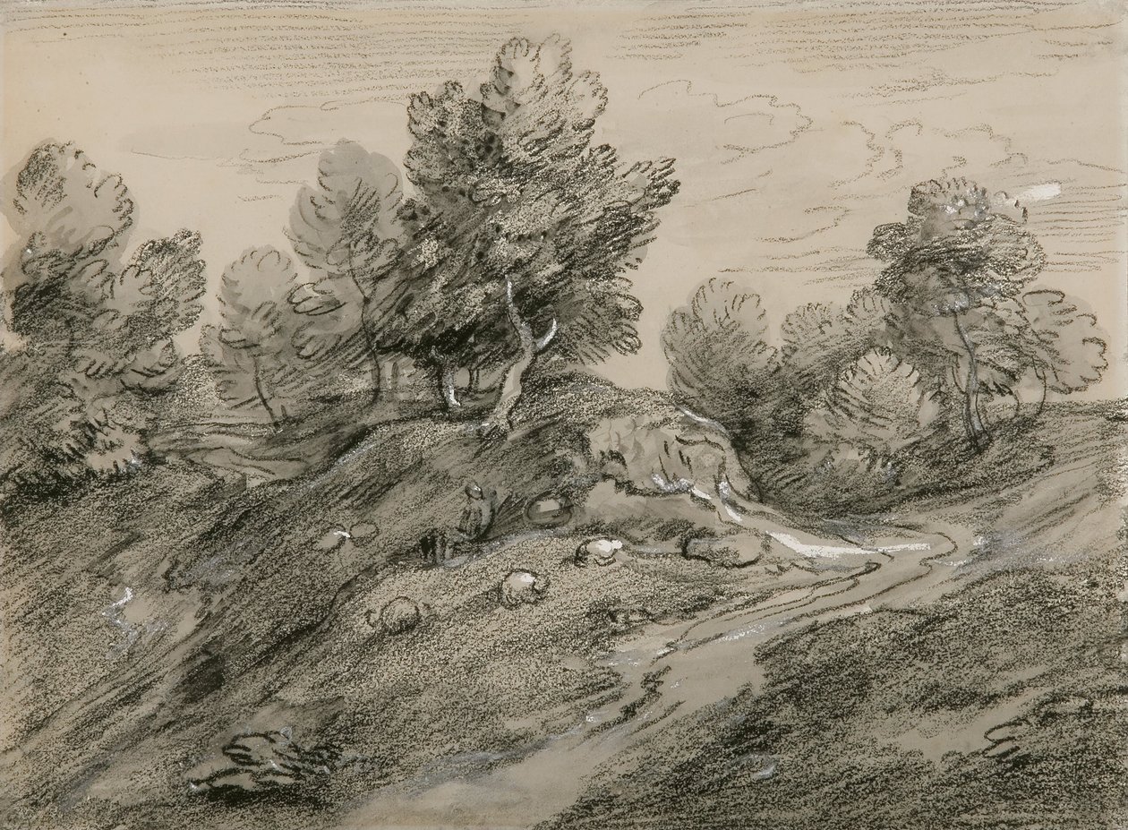 Waldige Hügellandschaft mit Schäfer und Schafen und einem Landweg, der um einen Hügel herumführt von Thomas Gainsborough
