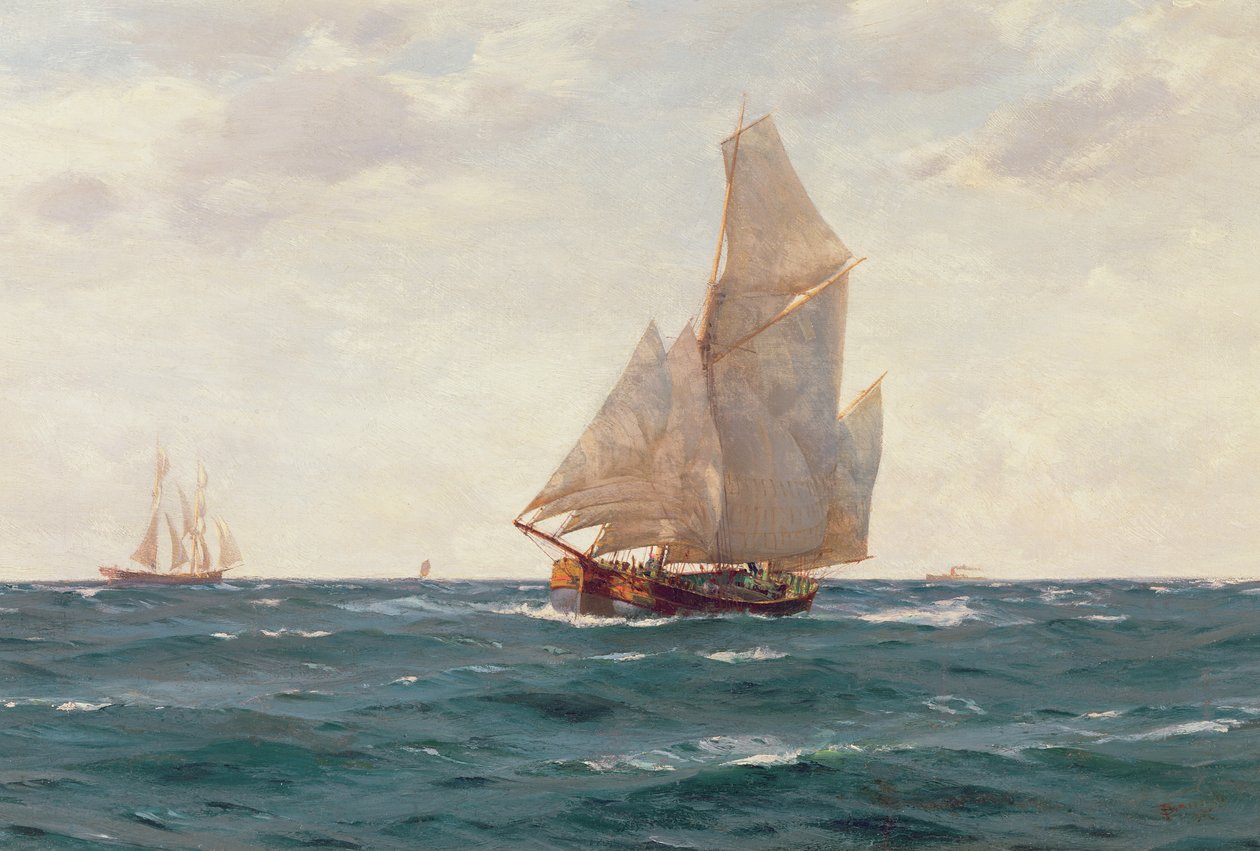 Ein Ketsch und eine Brigantine vor der Küste, ca. 1905 von Thomas J. Somerscales