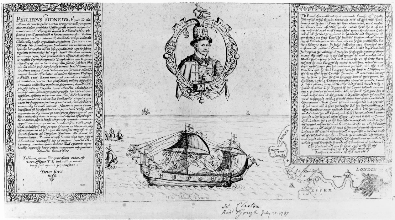 Die Schwarze Pinnace bringt Sir Philip Sidneys Leichnam nach London, veröffentlicht 1588 von Thomas Lant