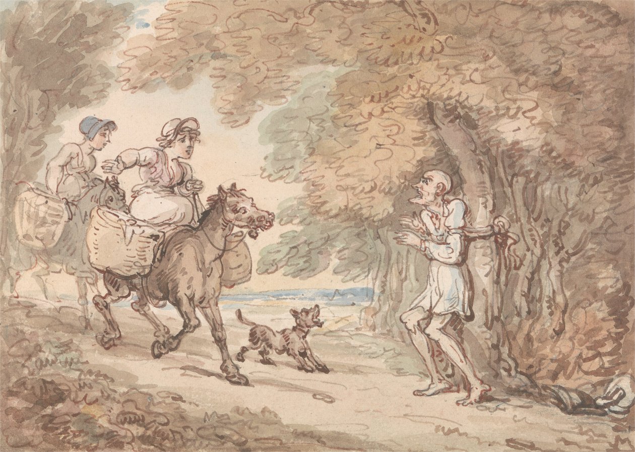 Dr. Syntax an einen Baum von Straßenräubern gefesselt von Thomas Rowlandson