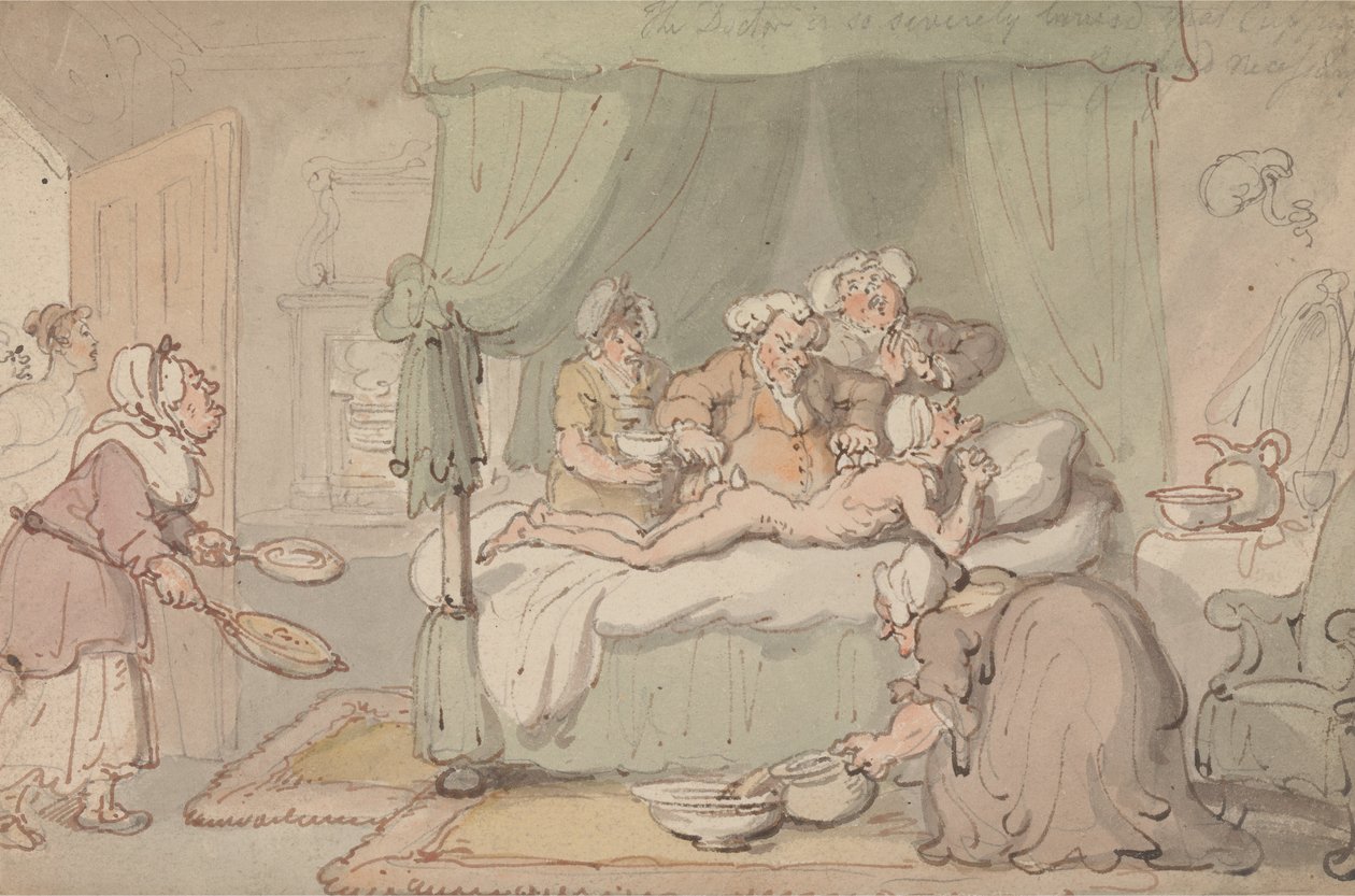 Der Doktor ist so schwer verletzt, dass Schröpfen für notwendig erachtet wird von Thomas Rowlandson