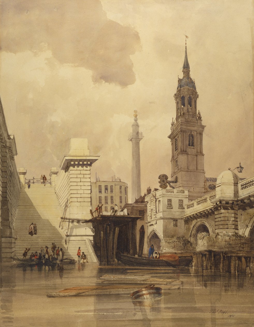 Die Kirche St. Magnus der Märtyrer bei der London Bridge, mit Denkmal im Hintergrund von Thomas Shotter Boys