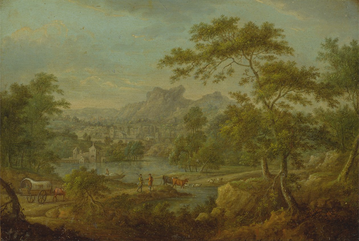 Eine imaginäre Landschaft mit einem Wagen und einer fernen Ansicht einer Stadt von Thomas Smith of Derby
