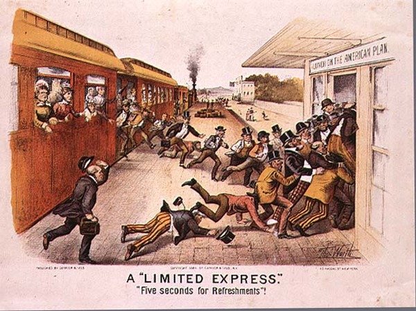 Ein Schnellzug, fünf Sekunden für Erfrischungen, veröffentlicht von Currier und Ives in New York, 1884 von Thomas Worth