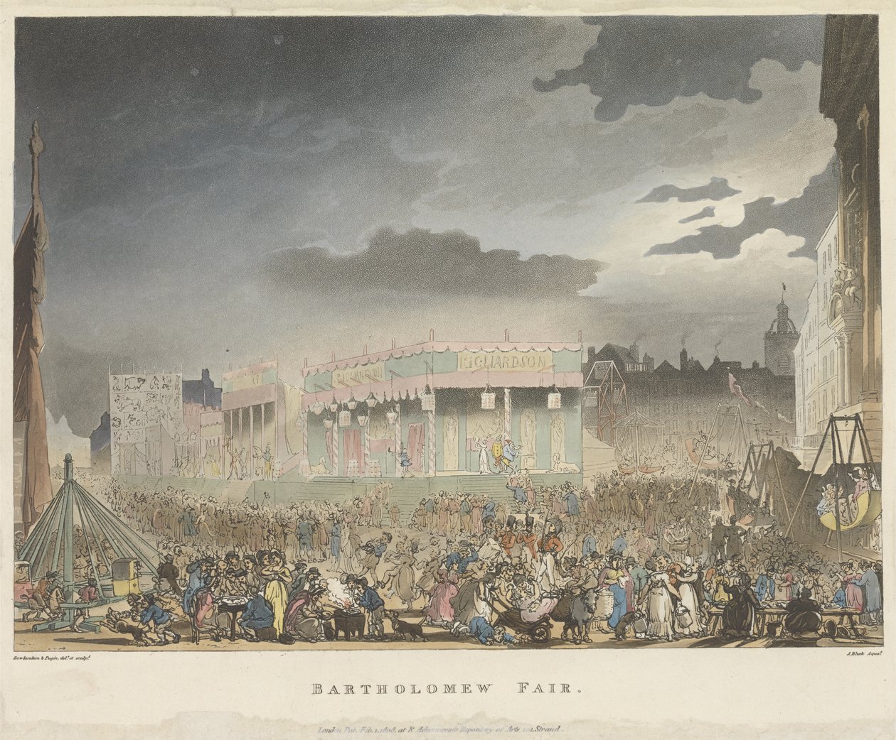 Bartholomew Fair, aus dem Microcosm of London, oder London in Miniature, Vol. I, von Rudolph Ackerman, graviert von J. Bluch von Thomas after Rowlandson