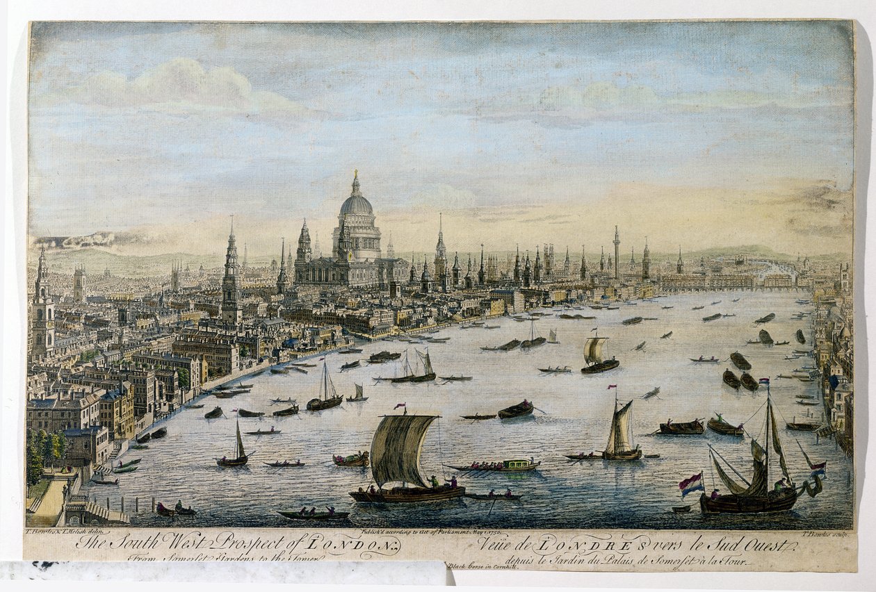 Die Südwestansicht von London von den Somerset Gardens, graviert von Thomas Bowles, veröffentlicht am 1. Mai 1750 von Thomas Bowles