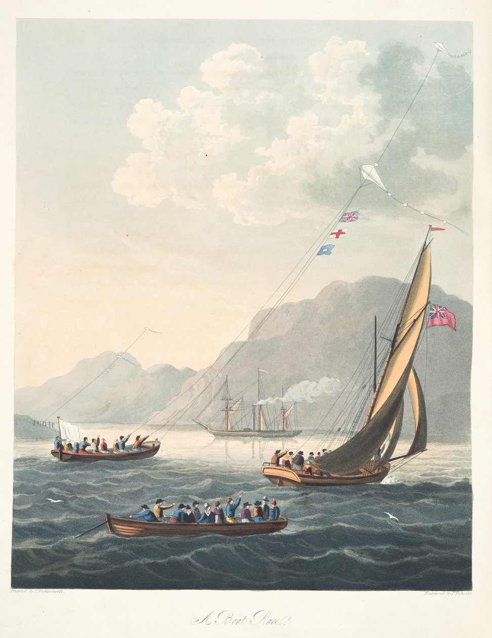 Ein Bootsrennen, aus "Die Aeropleustische Kunst oder Navigation in der Luft durch die Verwendung von Drachen oder Auftriebssegeln, veröffentlicht 1827 von Thomas (after) Butterworth