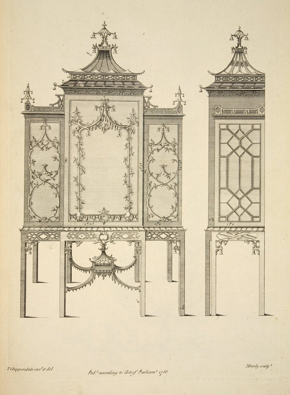 Entwurf für ein Porzellangehäuse, veröffentlicht 1753 (Gravur) von Thomas (after) Chippendale