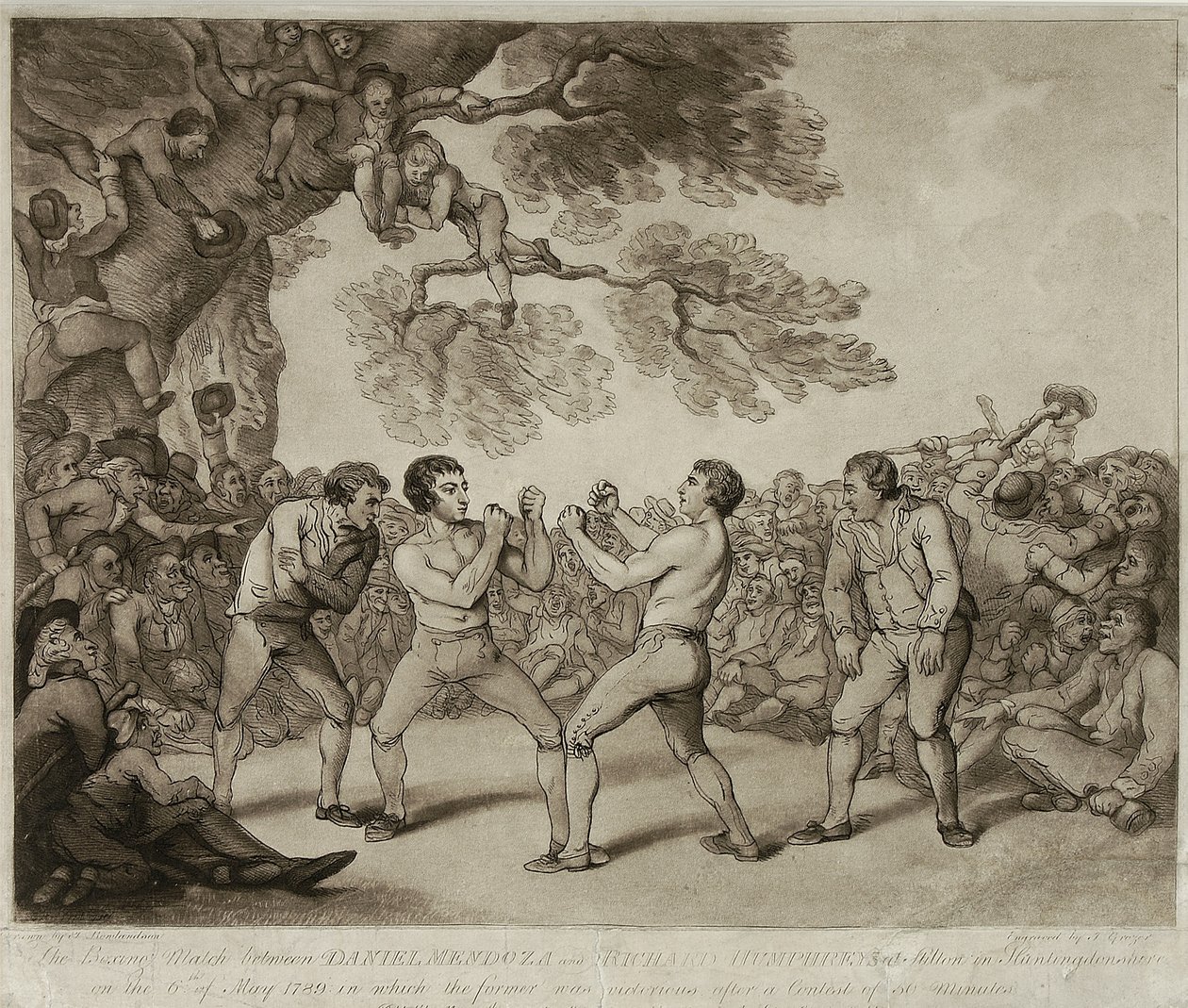 Der Boxkampf zwischen Daniel Mendoza und Richard Humphreys in Stilton, Huntingdonshire, 6. Mai 1789, graviert von Joseph Grozer von Thomas (after) Rowlandson