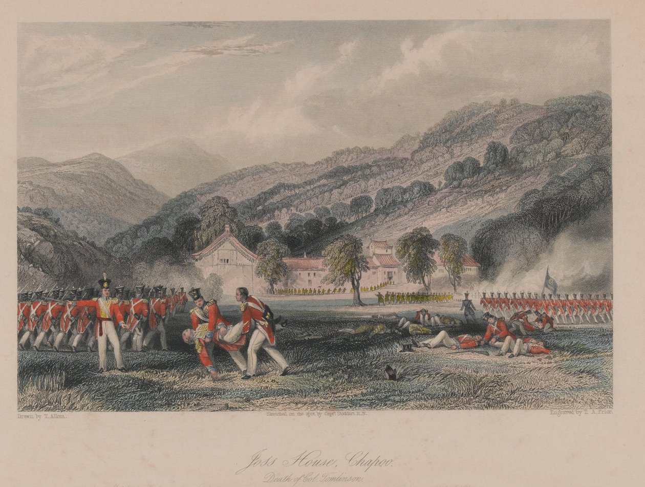 ?Joss-Haus, Chapoo, Tod von Colonel Tomlinson?, 1842 von Thomas Allom