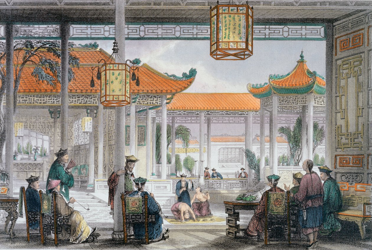 Gaukler im Hof eines Mandarinenpalastes, China, 1843 von Thomas Allom