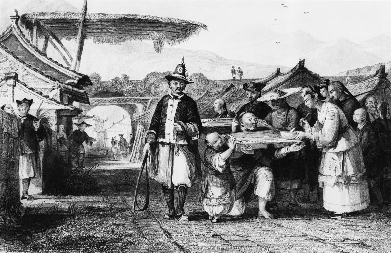 Bestrafung mit Tcha oder Cangue (Holzjoch oder Pranger), Gravur von Thomas Allom (1804-1872) aus 