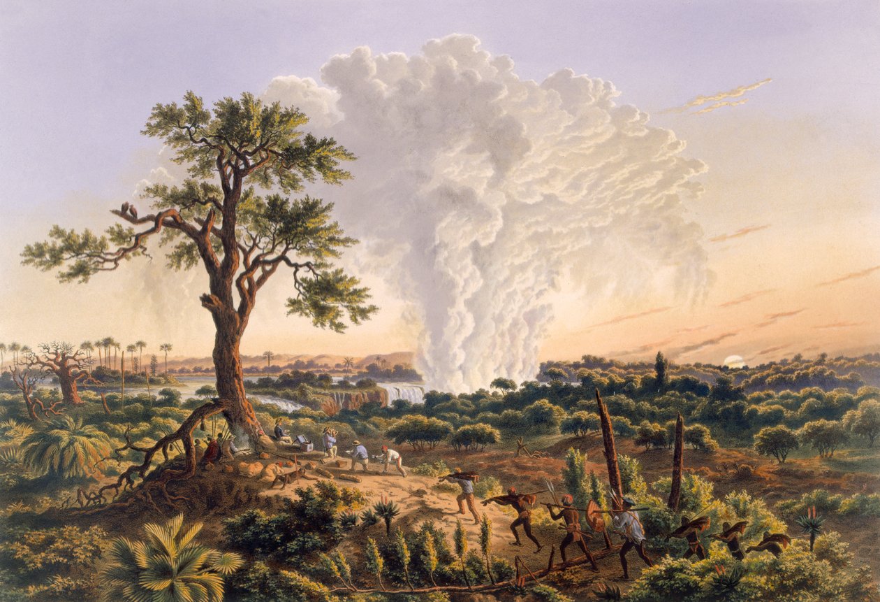 Die Wasserfälle bei Sonnenaufgang mit der aufsteigenden Sprühwolke, 1865 von Thomas Baines