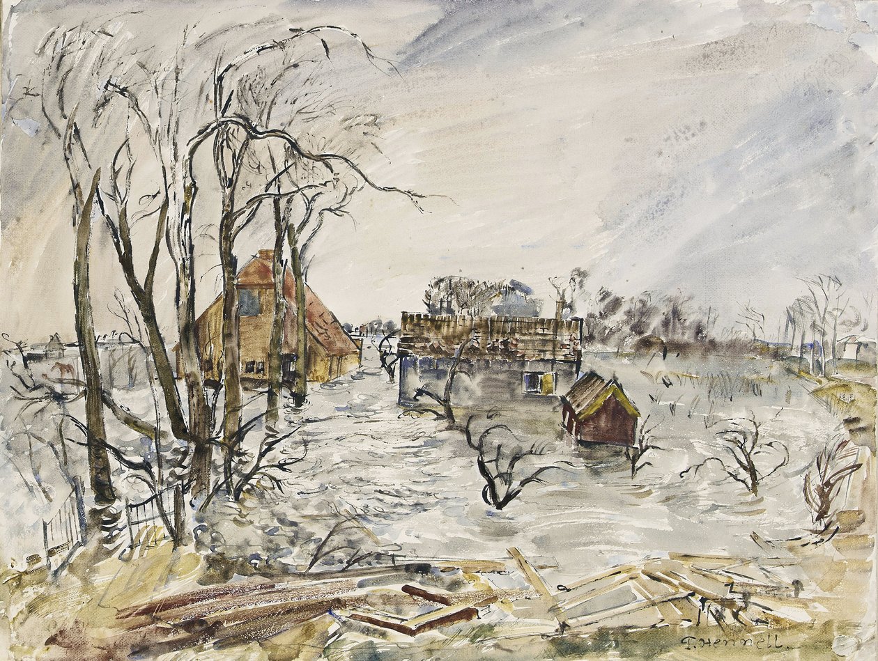 Walcheren-Insel (Niederlande) überflutet. Gemälde von Thomas Hennel (1903-1945), Aquarell 1944 von Thomas Barclay Hennell