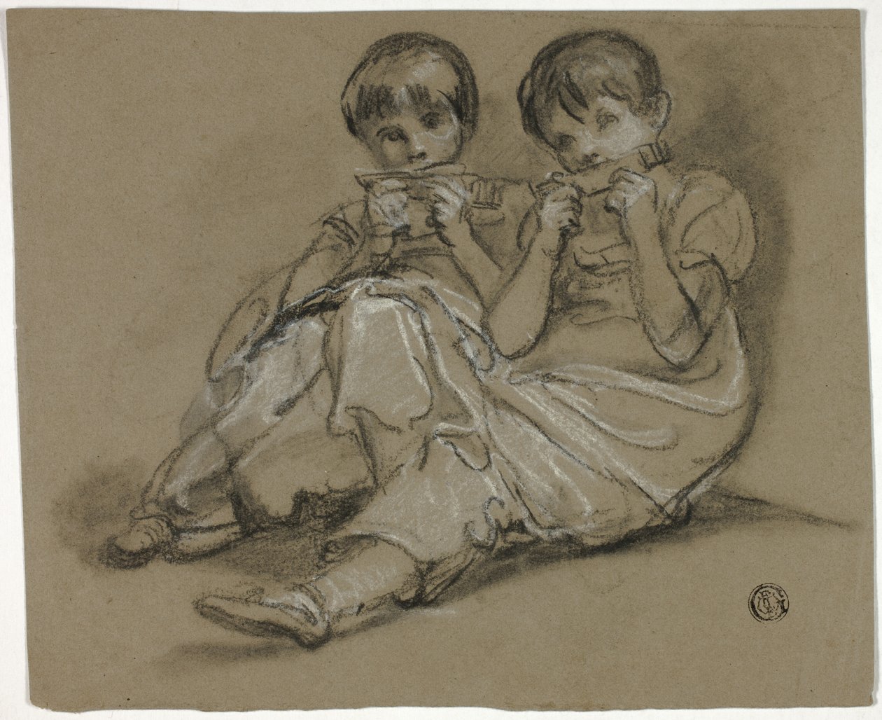 Zwei Mädchen spielen auf Kämmen (recto); Skizze einer sitzenden Frau mit Fragment einer anderen Figur (verso) von Thomas Barker