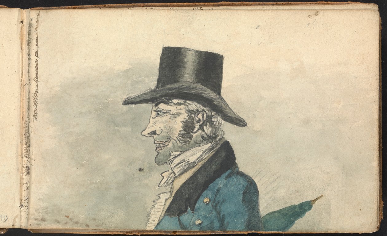 Album mit Landschafts- und Figurenstudien: Profil eines Mannes mit Regenschirm von Thomas Bradshaw