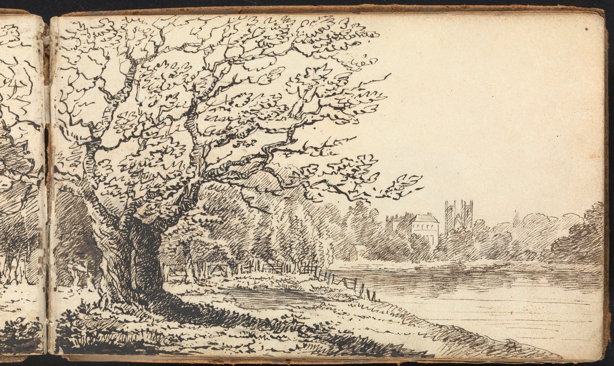Album mit Landschafts- und Figurenstudien: Bäume entlang eines Flusses mit Gebäuden in der Ferne von Thomas Bradshaw