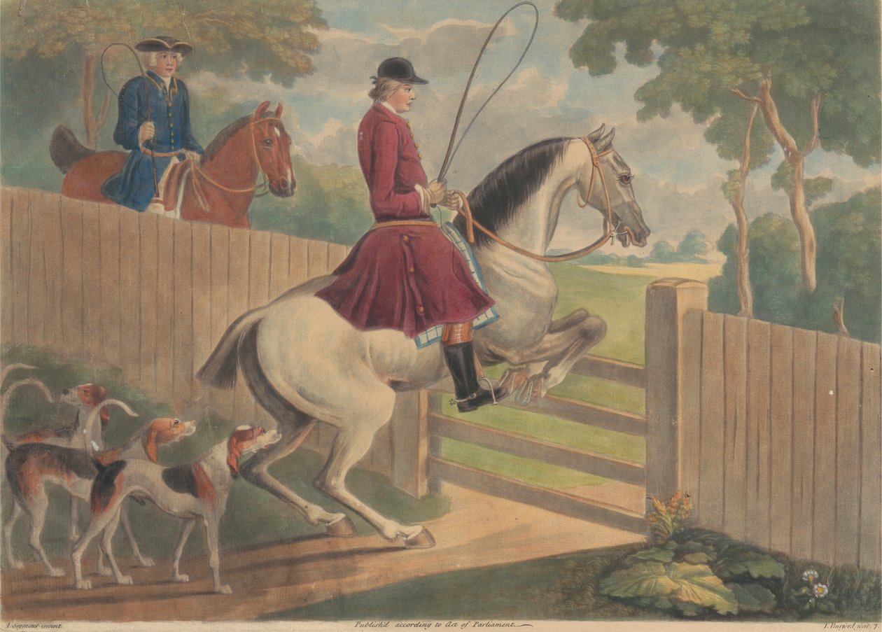 Jagd [zwei von zwölf]: 7. [Ein Reiter setzt sein Pferd über ein Tor] von Thomas Burford