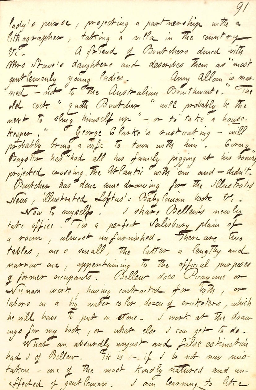 Beschreibt das Büro, das er mit Frank Bellew teilt, und einen Brief von William Boutcher. Transkription von Thomas Butler Gunn