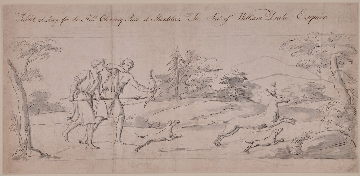 Zwei Figuren in klassischer Kleidung jagen einen Hirsch von Thomas Carter