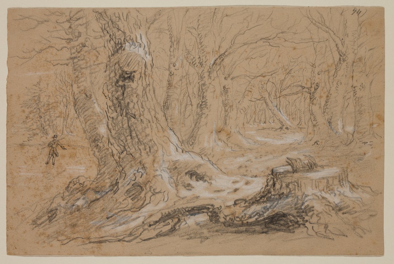 Bäume im Winter mit einem Mann auf einem zugefrorenen Bach von Thomas Cole