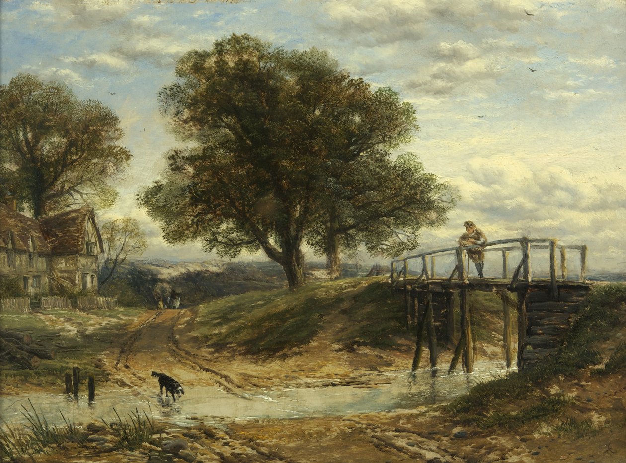 Landschaft mit Bach, Brücke und Hütte von Thomas Creswick