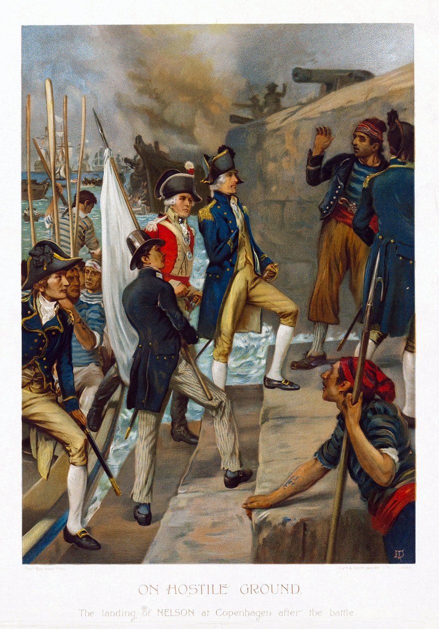 In einem feindlichen Land. Die Landung von Horatio Nelson (1758-1805) in Kopenhagen (Dänemark) nach der Schlacht (1801). Chromolithographie, ca. 1897, von Thomas Davidson (aktiv 1863-1903). von Thomas Davidson