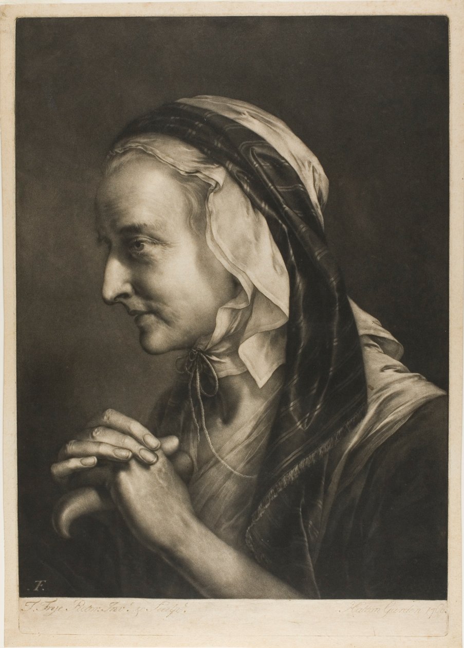 Alte Frau, die sich auf einen Stock stützt, aus Lebensgroße Köpfe von Thomas Frye