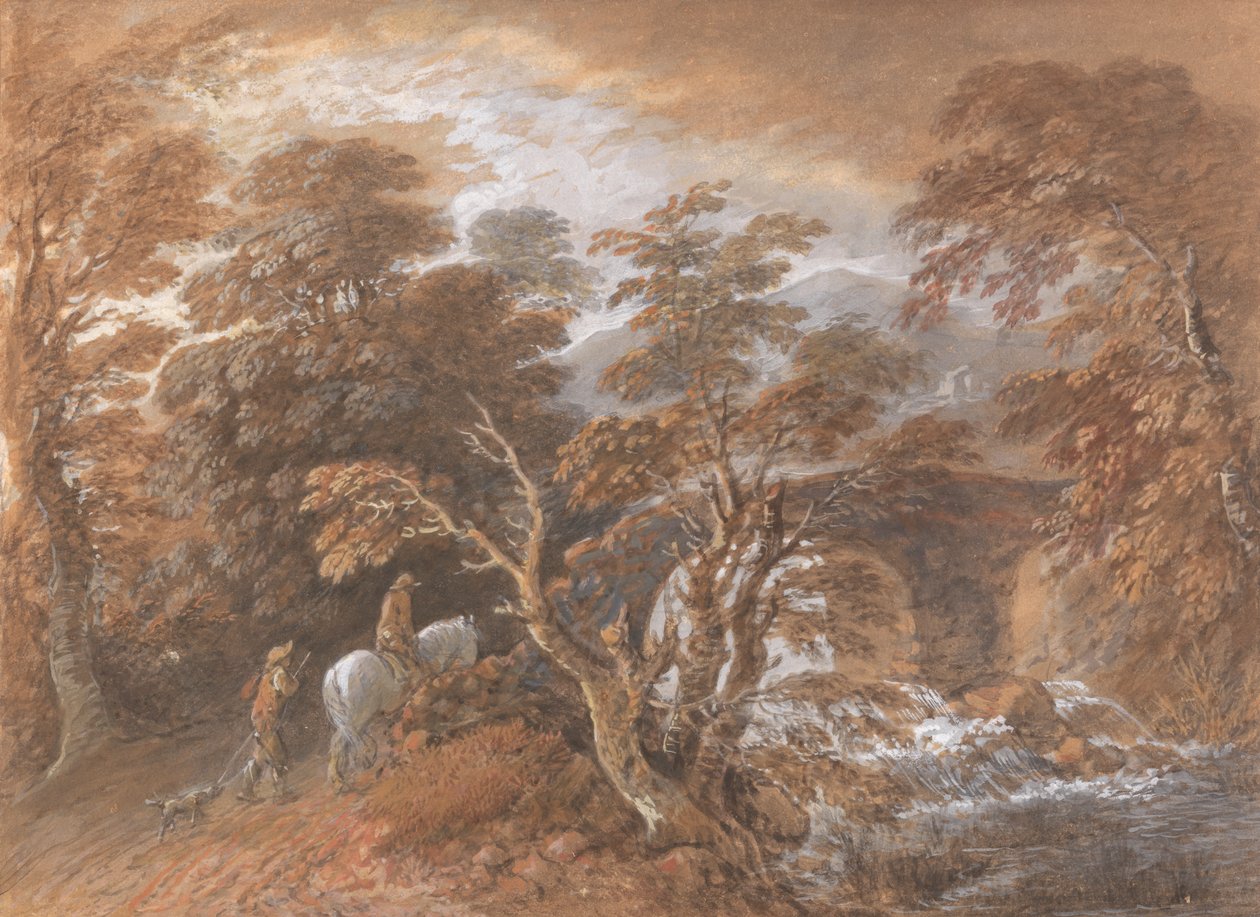 Hügellandschaft mit Figuren, die sich einer Brücke nähern von Thomas Gainsborough