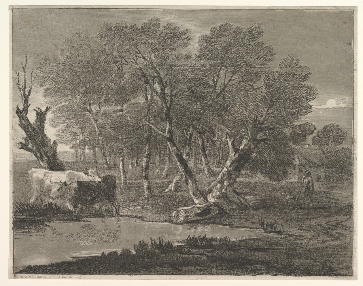 Waldlandschaft mit Kühen an einem Teich, Figuren und Hütte, 1775-80 von Thomas Gainsborough