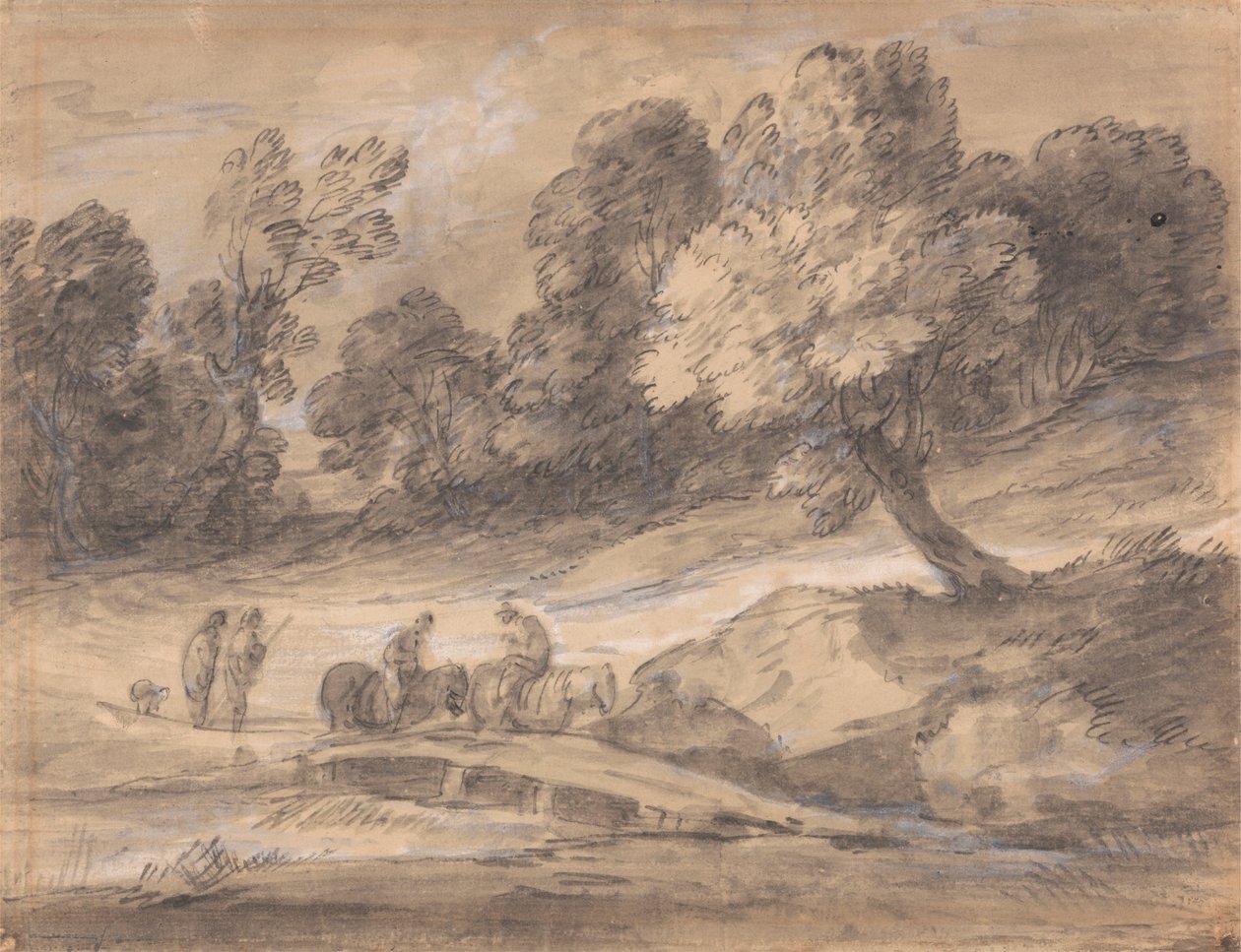 Bewaldete Landschaft mit Figuren zu Pferd, die eine Brücke überqueren von Thomas Gainsborough