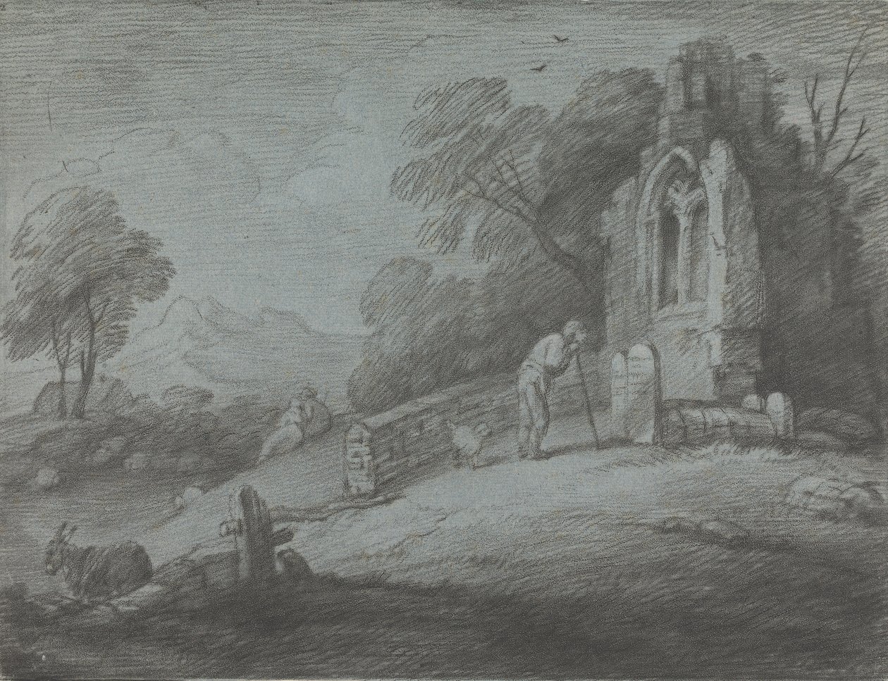 Bewaldete Landschaft mit Bauer, der einen Grabstein liest, rustikale Liebhaber und verfallene Kirche von Thomas Gainsborough