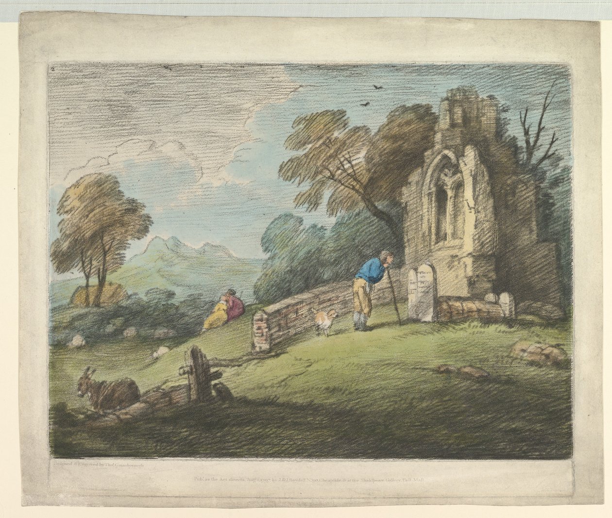 Waldlandschaft mit Bauer, der einen Grabstein liest, rustikale Liebende und verfallene Kirche, 1. August 1797 von Thomas Gainsborough