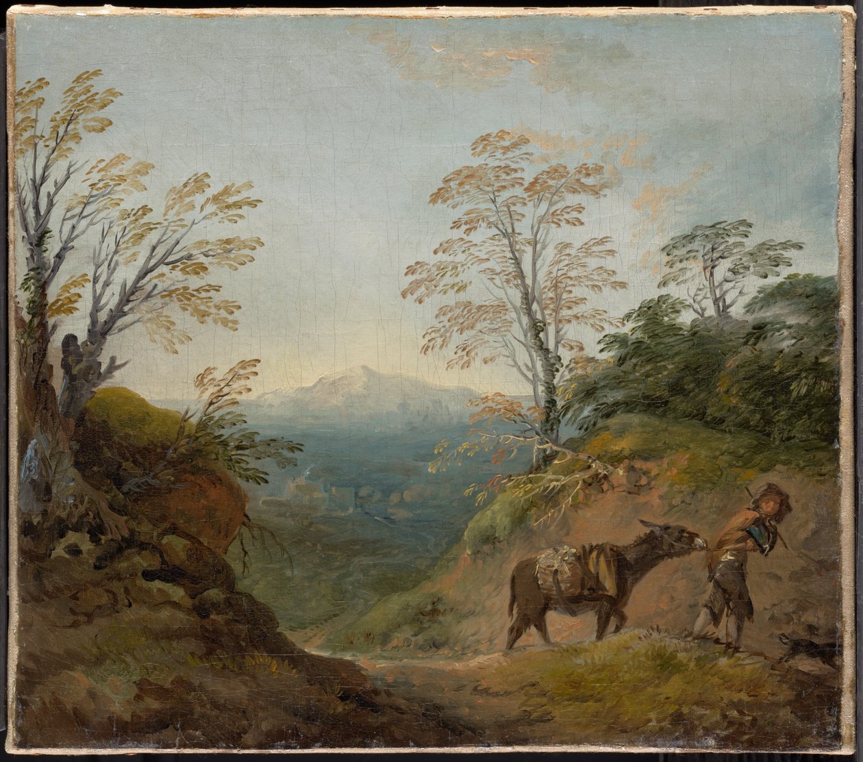 Waldlandschaft mit einem Jungen, der einen Esel und einen Hund führt, und ein weites Panorama mit Gebäuden und fernen Hügeln von Thomas Gainsborough