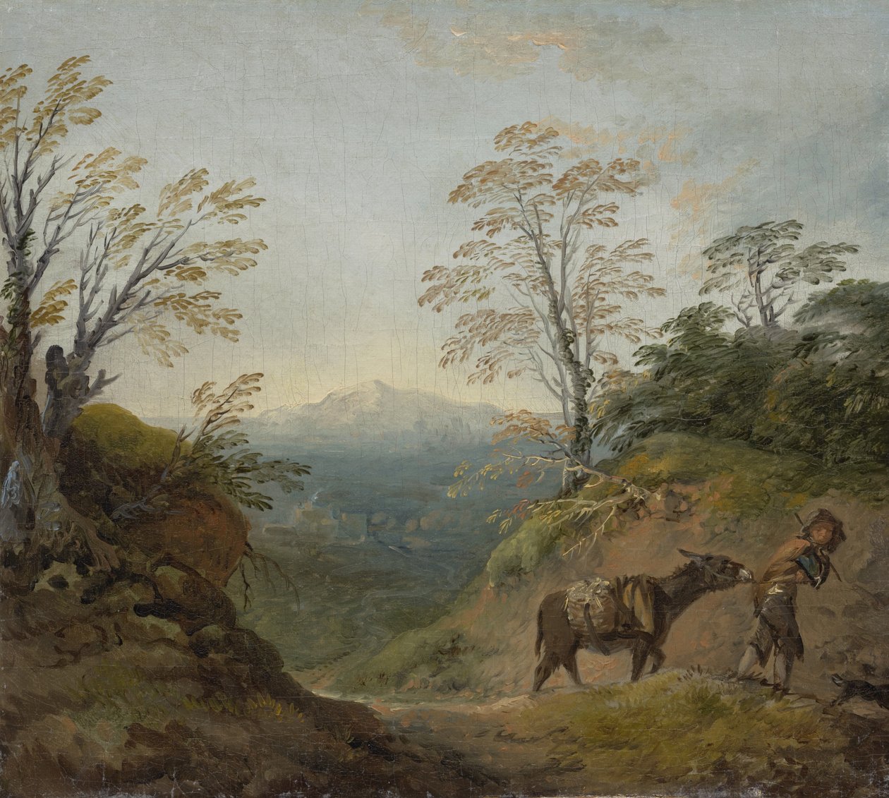 Waldlandschaft mit einem Jungen, der einen Esel und einen Hund führt, und einem weiten Panorama mit Gebäuden und fernen Hügeln, frühe 1760er Jahre von Thomas Gainsborough