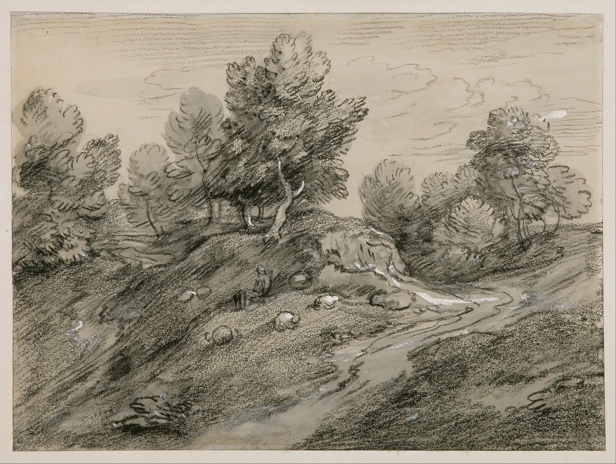 Bewaldete Hügellandschaft mit Schäfer und Schafen und Landweg um einen Hügel von Thomas Gainsborough