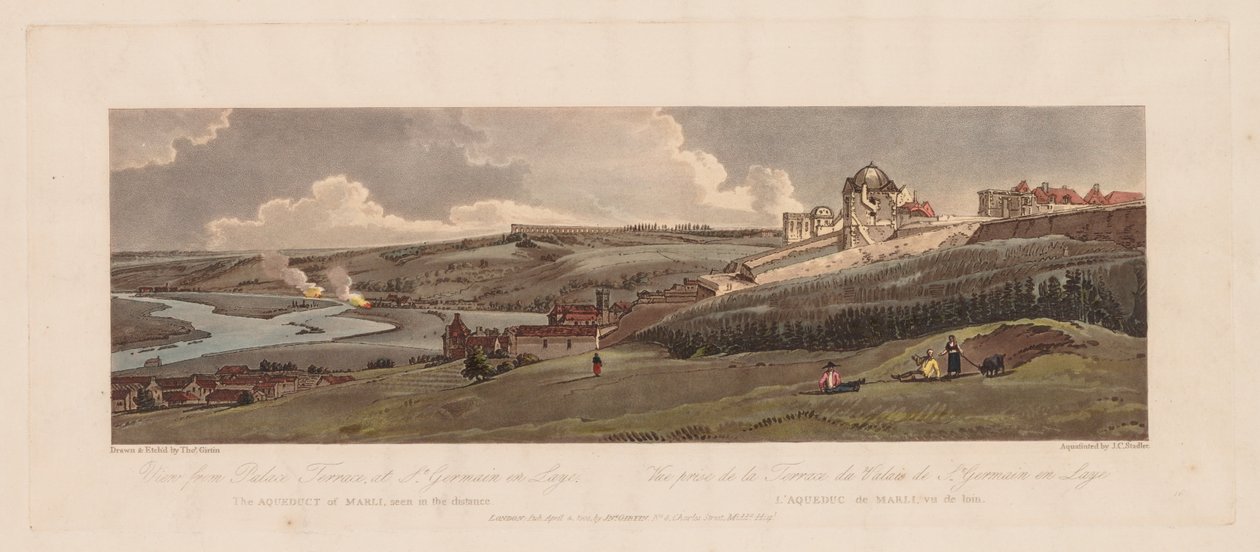 Auswahl von zwanzig der malerischsten Ansichten in Paris: Blick von der Palastterrasse in St. Germain en Laye, das Aquädukt von Marli in der Ferne von Thomas Girtin