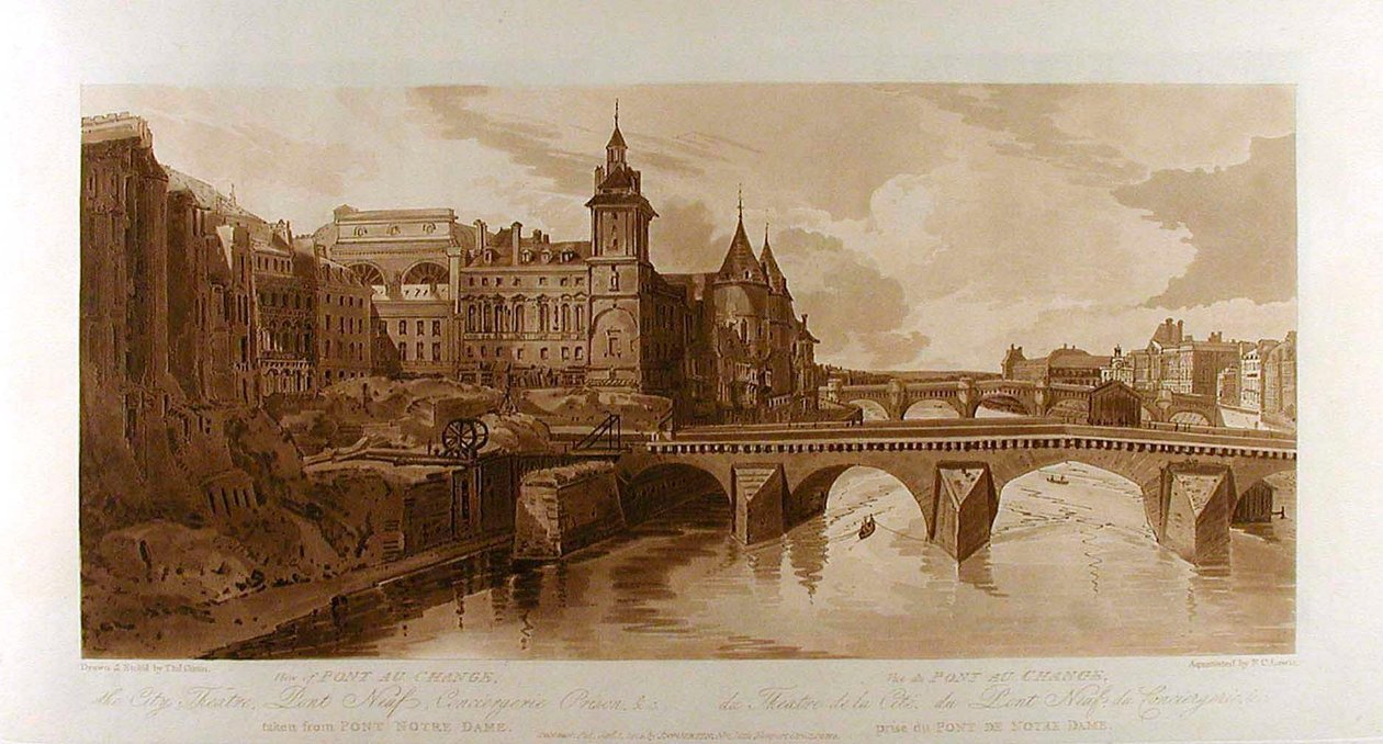 Blick auf den Pont au Change, das Stadttheater, den Pont Neuf, das Gefängnis Conciergerie usw., vom Pont Notre-Dame aus gesehen von Thomas Girtin