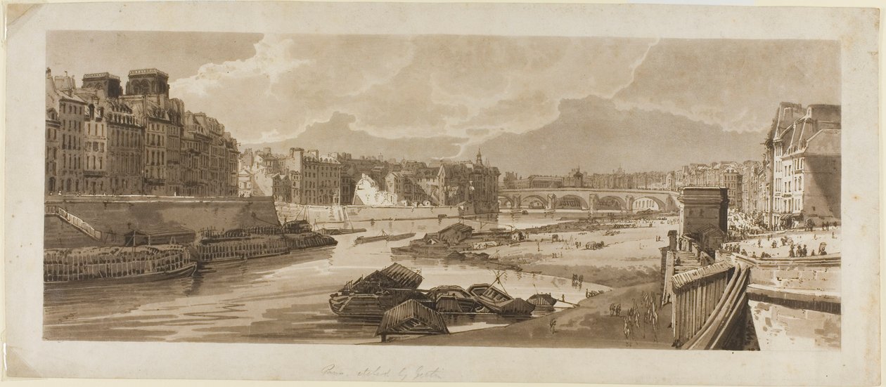 Ansicht der Stadt mit dem Louvre, etc., vom Pont Marie aus, aus Eine Auswahl von zwanzig der malerischsten Ansichten in Paris von Thomas Girtin