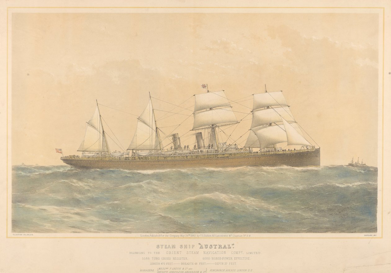 Dampfschiff Austral der Orient Steam Navigation Company Limited, ca. 1868-74 von Thomas Goldsworth Dutton