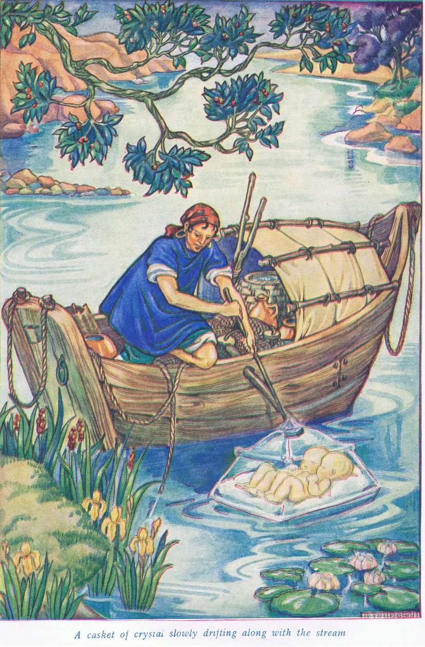 Ein Kristallsarg, der den Strom entlang treibt von Thomas Heath Robinson