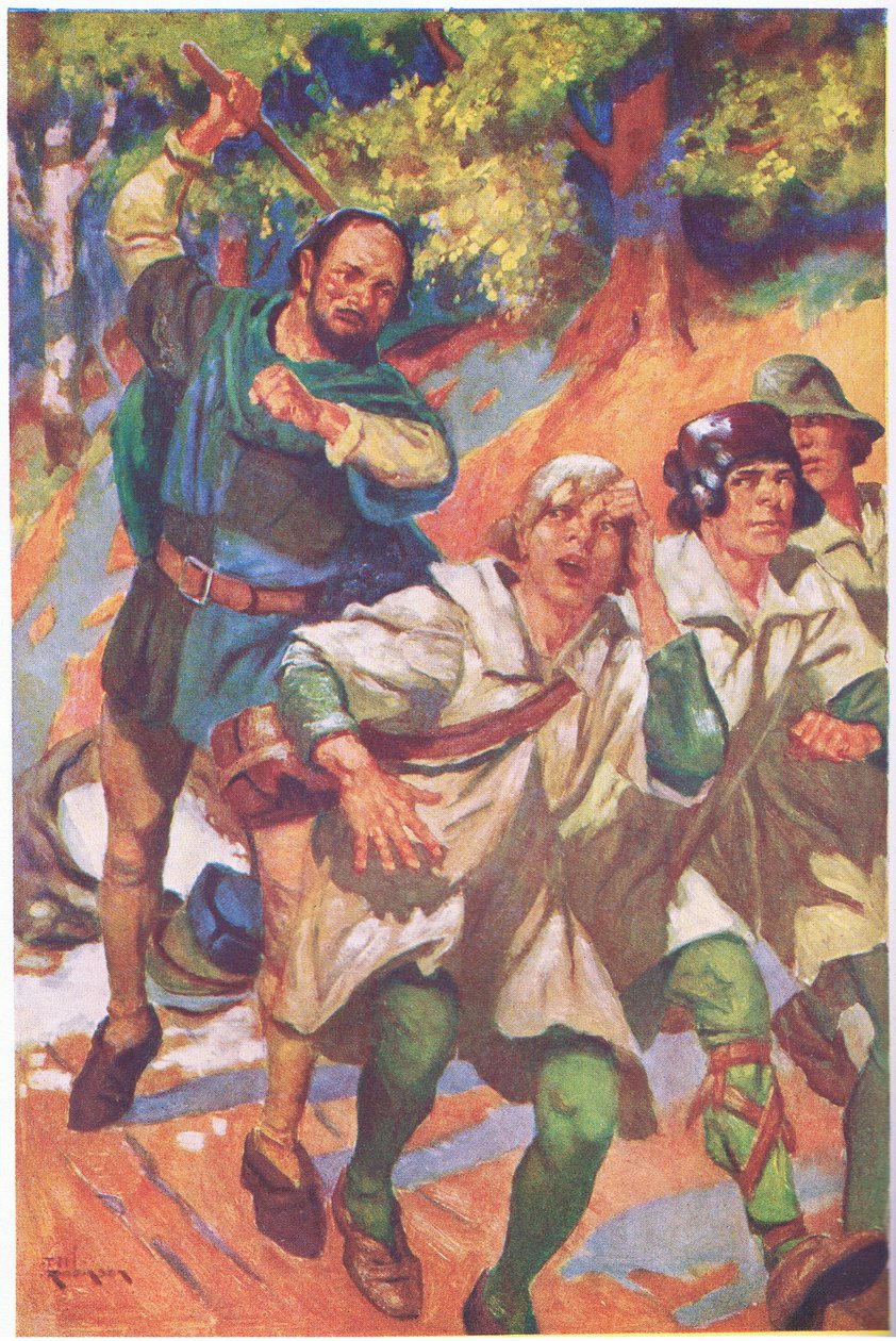 Er trieb die drei vor sich her, ihre Schreie des Zorns und Schmerzes wurden von seinem Gelächter übertönt von Thomas Heath Robinson