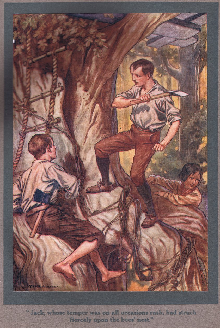 Jack, dessen Temperament in allen Gelegenheiten hitzig war, hatte heftig auf das Bienennest geschlagen von Thomas Heath Robinson