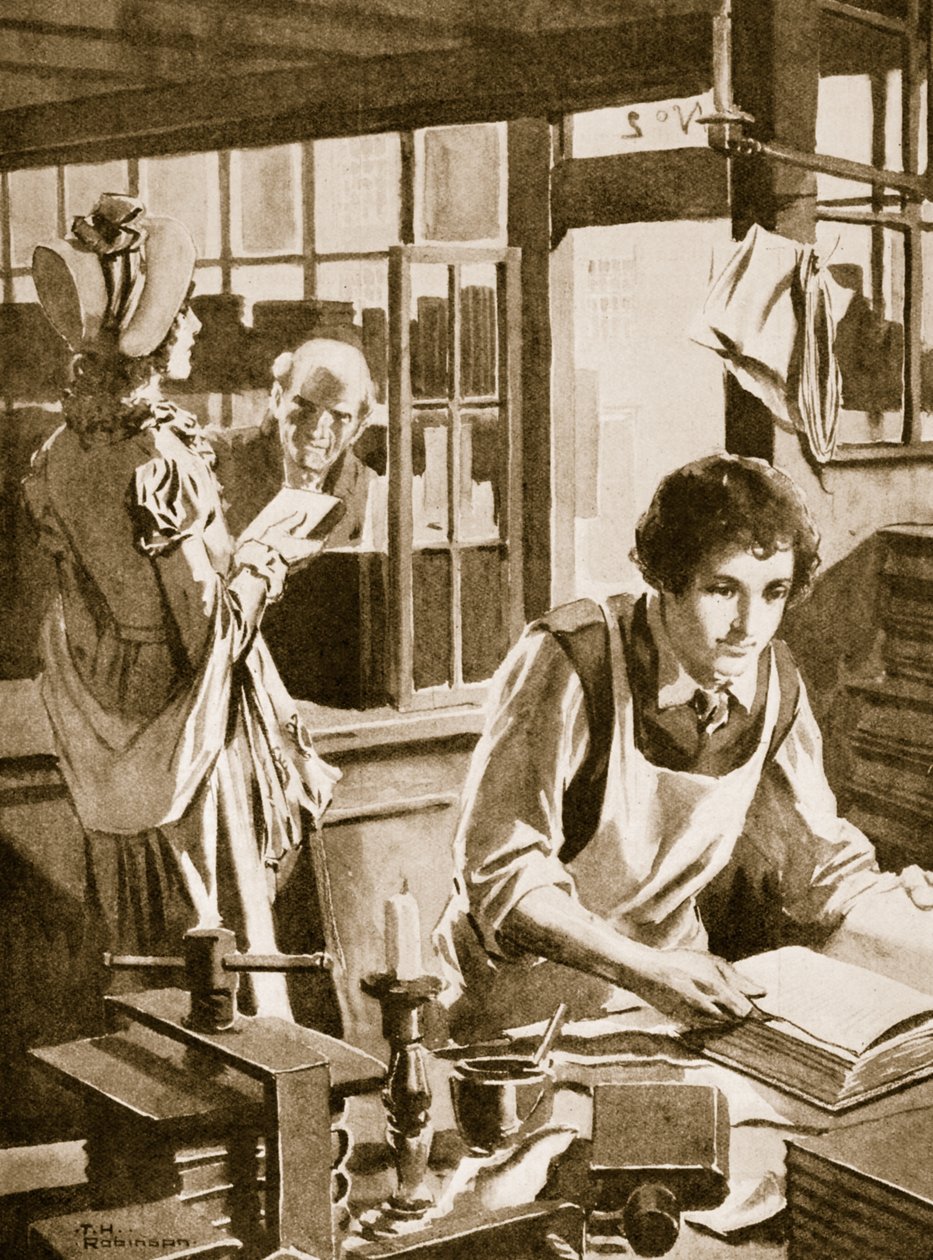 Michael Faraday als Lehrling eines Buchhändlers, der eine Enzyklopädie liest von Thomas Heath Robinson
