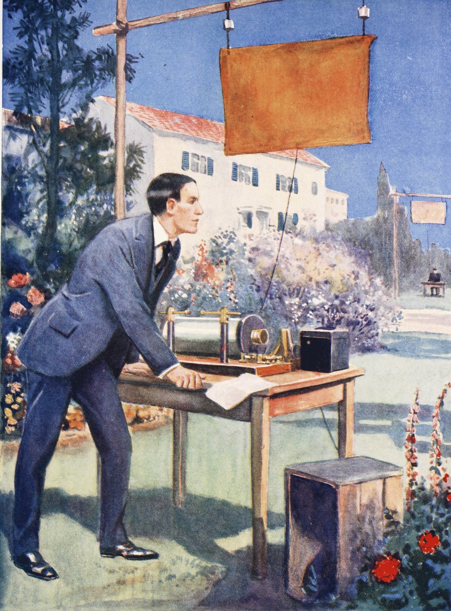 Eines von Marconis frühesten Experimenten von Thomas Heath Robinson