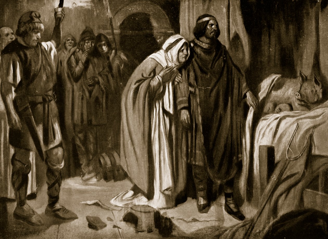 Königin Ethelburga überredet Ine von Wessex, die Krone niederzulegen, 728, Illustration aus 