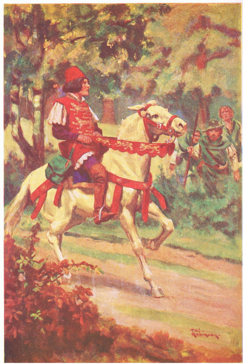 Robin und sein Begleiter sahen Meister Patrington auf sie zureiten von Thomas Heath Robinson